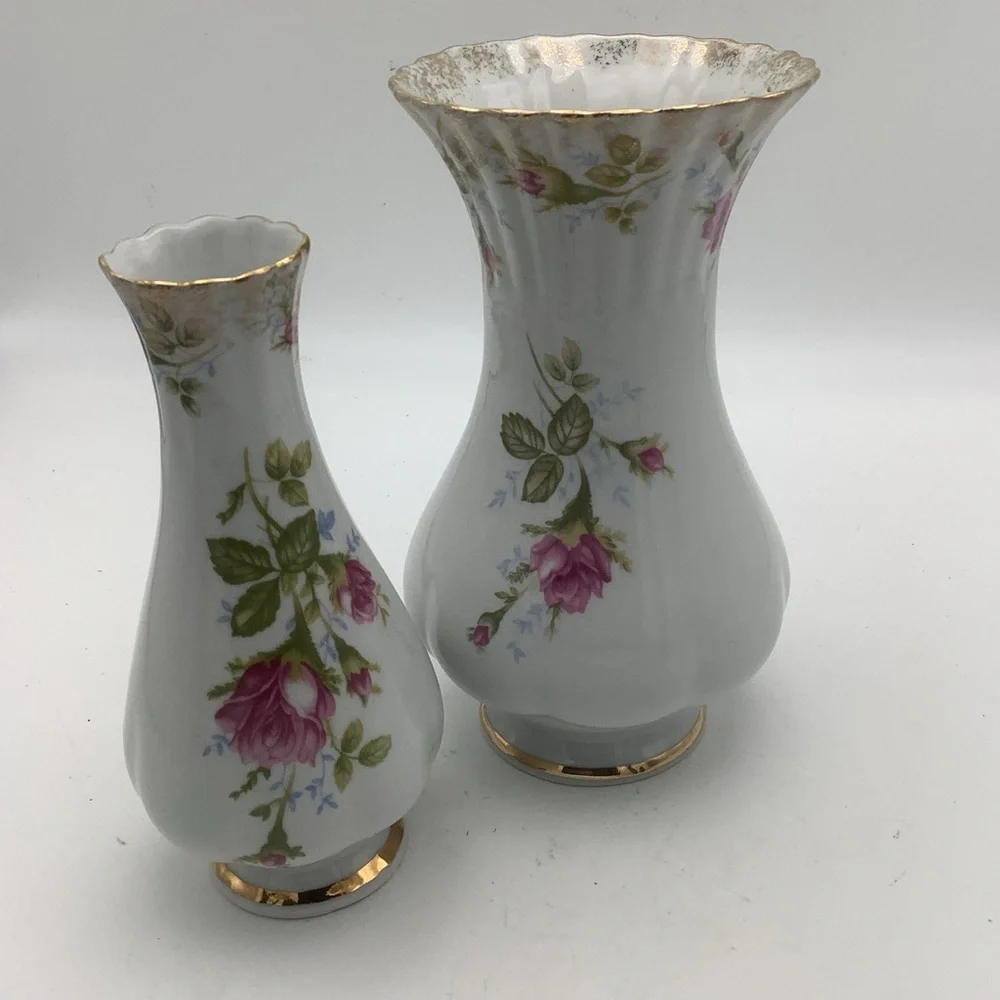 Two Vintage Chodziez Poland Floral Vases Gold Accents